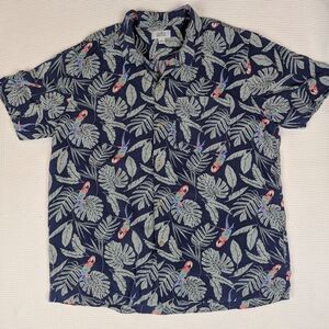 Croft & Barrow Navy Tropical Button Down Parrot Leaf Shirt Men's L